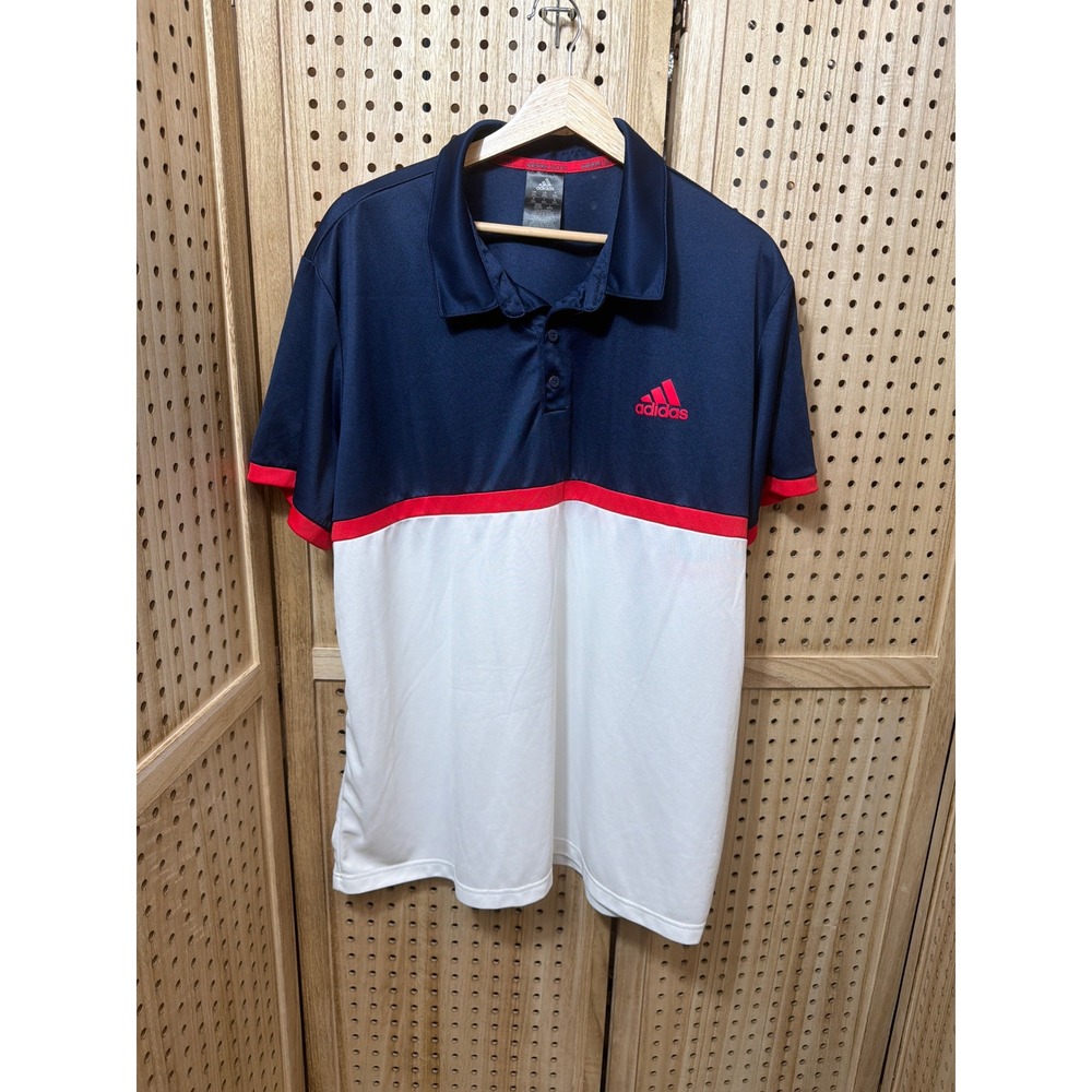 Adidas Tennis Mens 2XL Polo Shirt Navy Blue White Red Colorblock Activewear